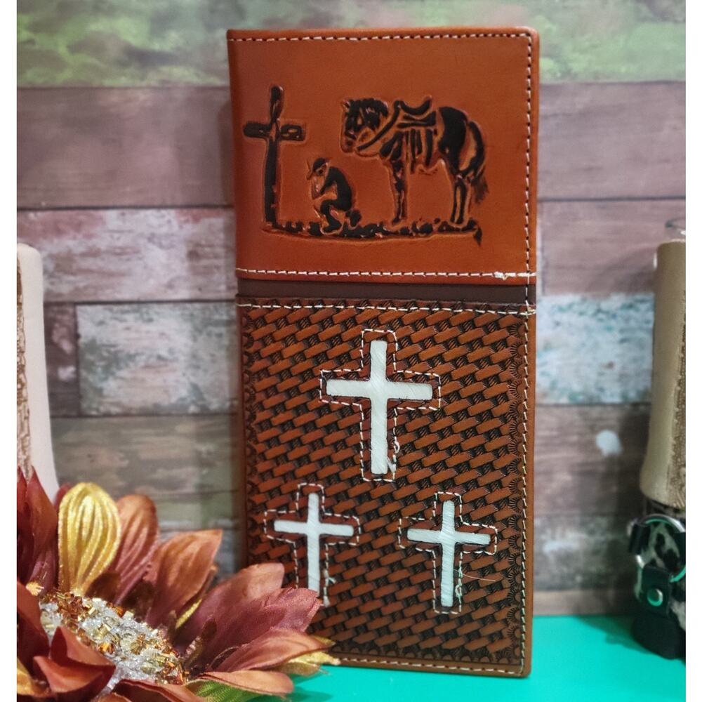 Praying Cowboy Western Wallet Basketweave Real Leather Bifold Long Brown & Beige